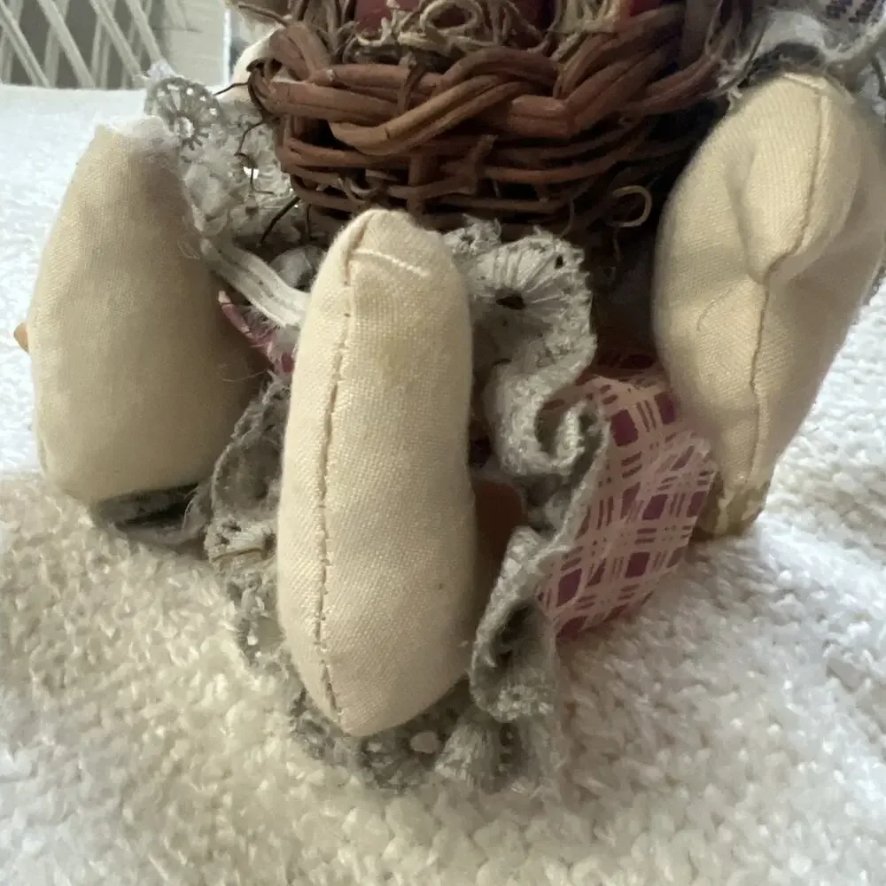 Vtg Primitive Fabric Bunny Doll Wood Block Base Sitter Country Folk Art 8”